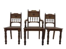 Victorian Gothic revival pitch pine armchair and pair of matching chairs