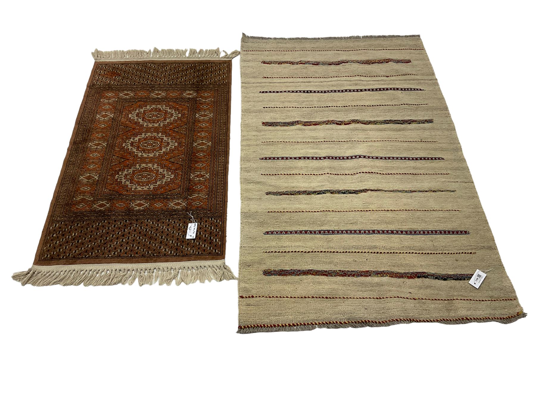 Flat woven rug decorated with patterned bands (160cm x 96cm)