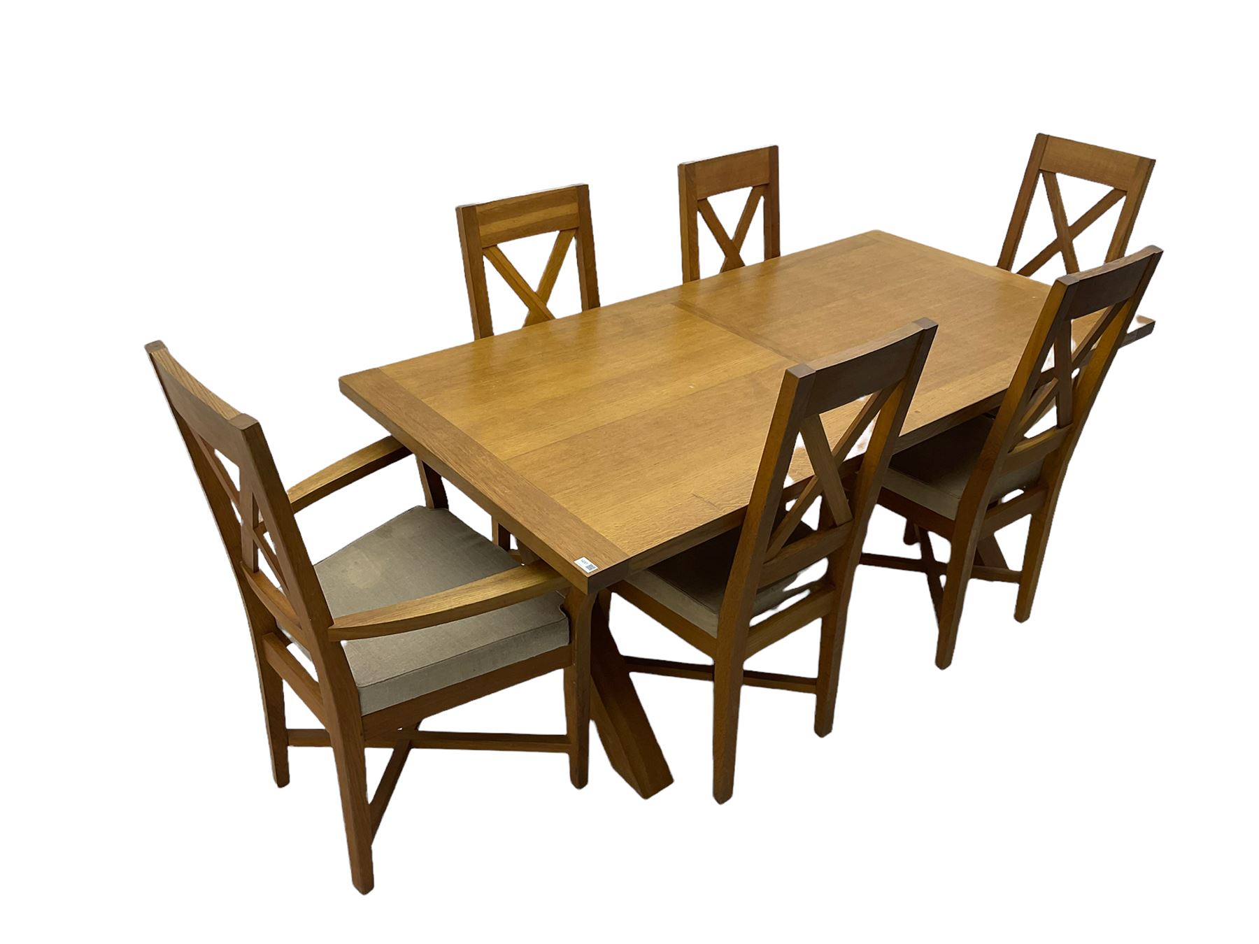 Solid oak dining table on x-framed supports - Image 5 of 11