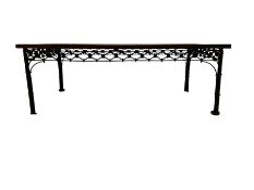 Rectangular hardwood coffee table on wrought metal base