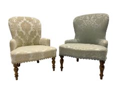 Two Victorian style beech framed upholstered bedroom chairs