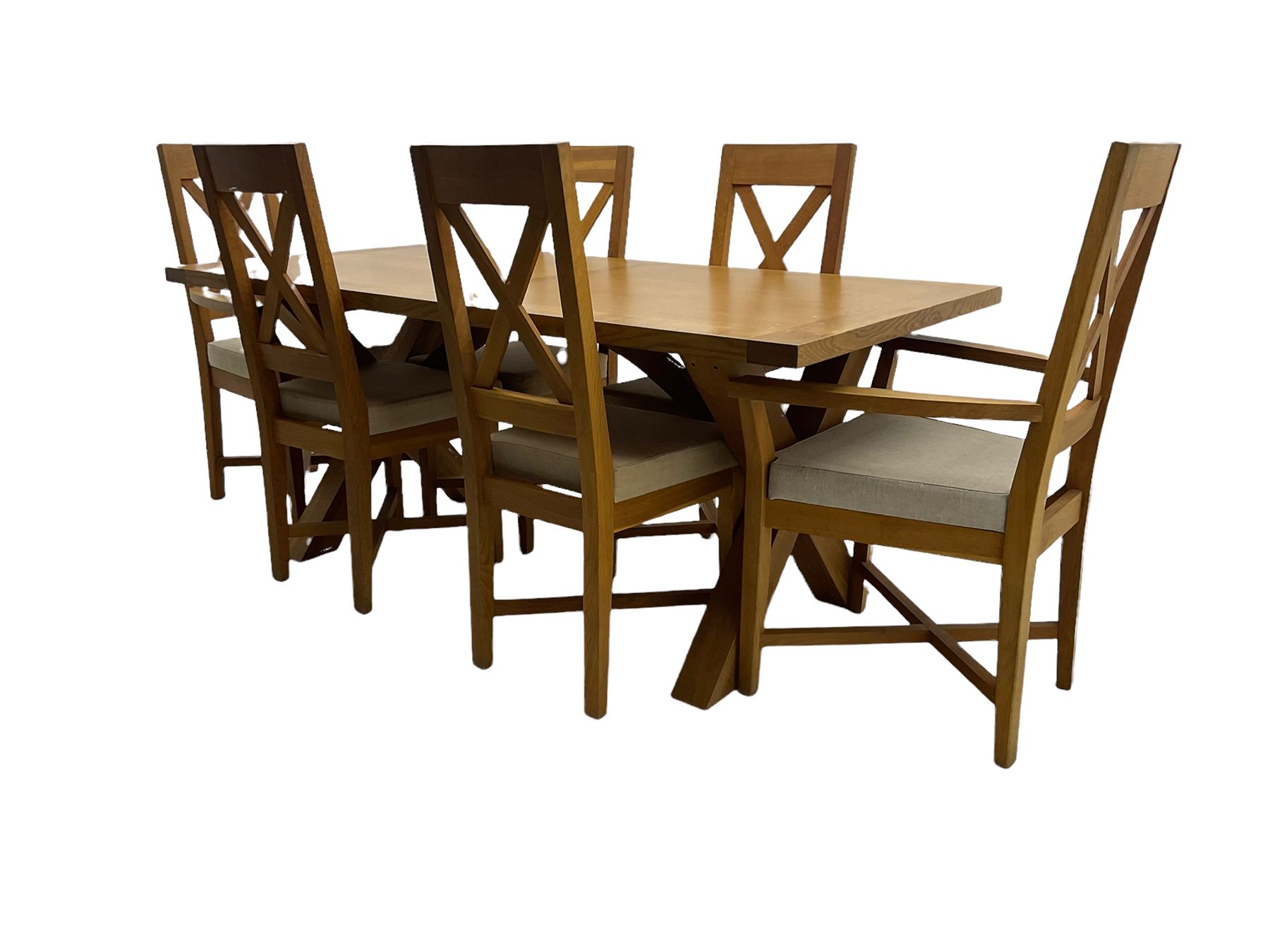 Solid oak dining table on x-framed supports - Image 2 of 11