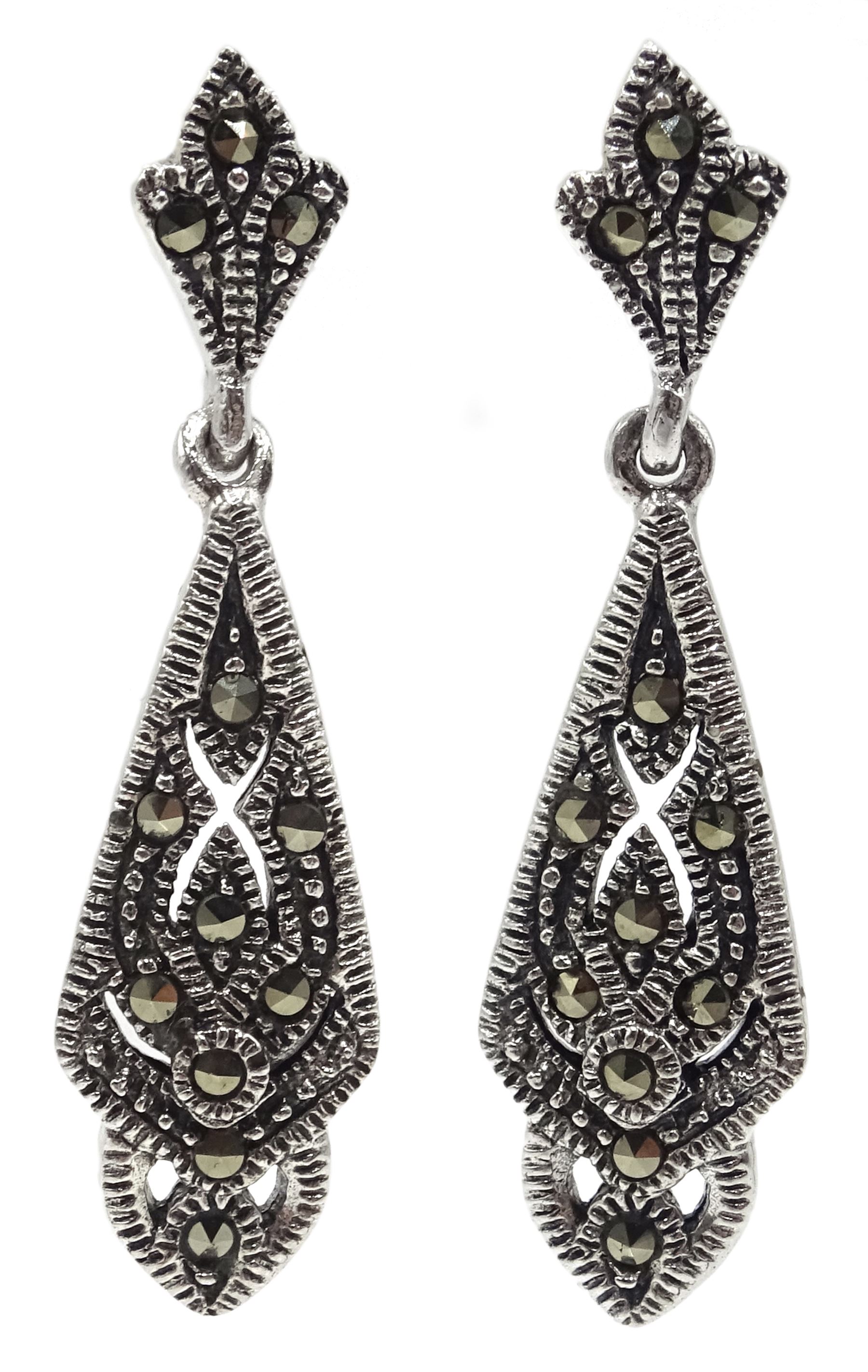 Pair of silver marcasite pendant stud earrings