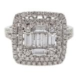 18ct white gold round brilliant cut and baguette cut diamond cluster ring