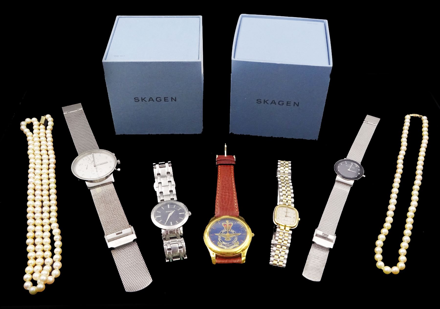 Two cultured pearl necklaces and five watches including Skagen and Longines