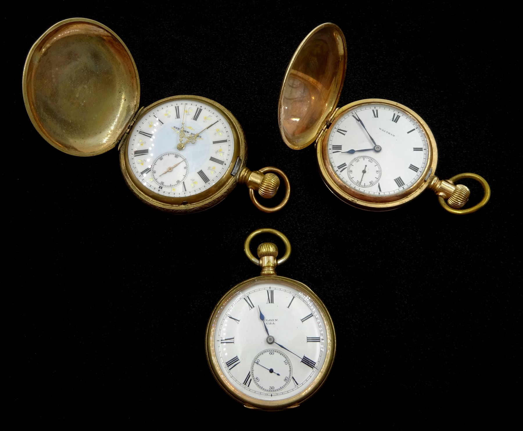 Three American gold-plated pockets including full hunter keyless Traveller pocket watch by Waltham