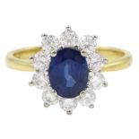 18ct gold oval sapphire and round brilliant cut diamond cluster ring