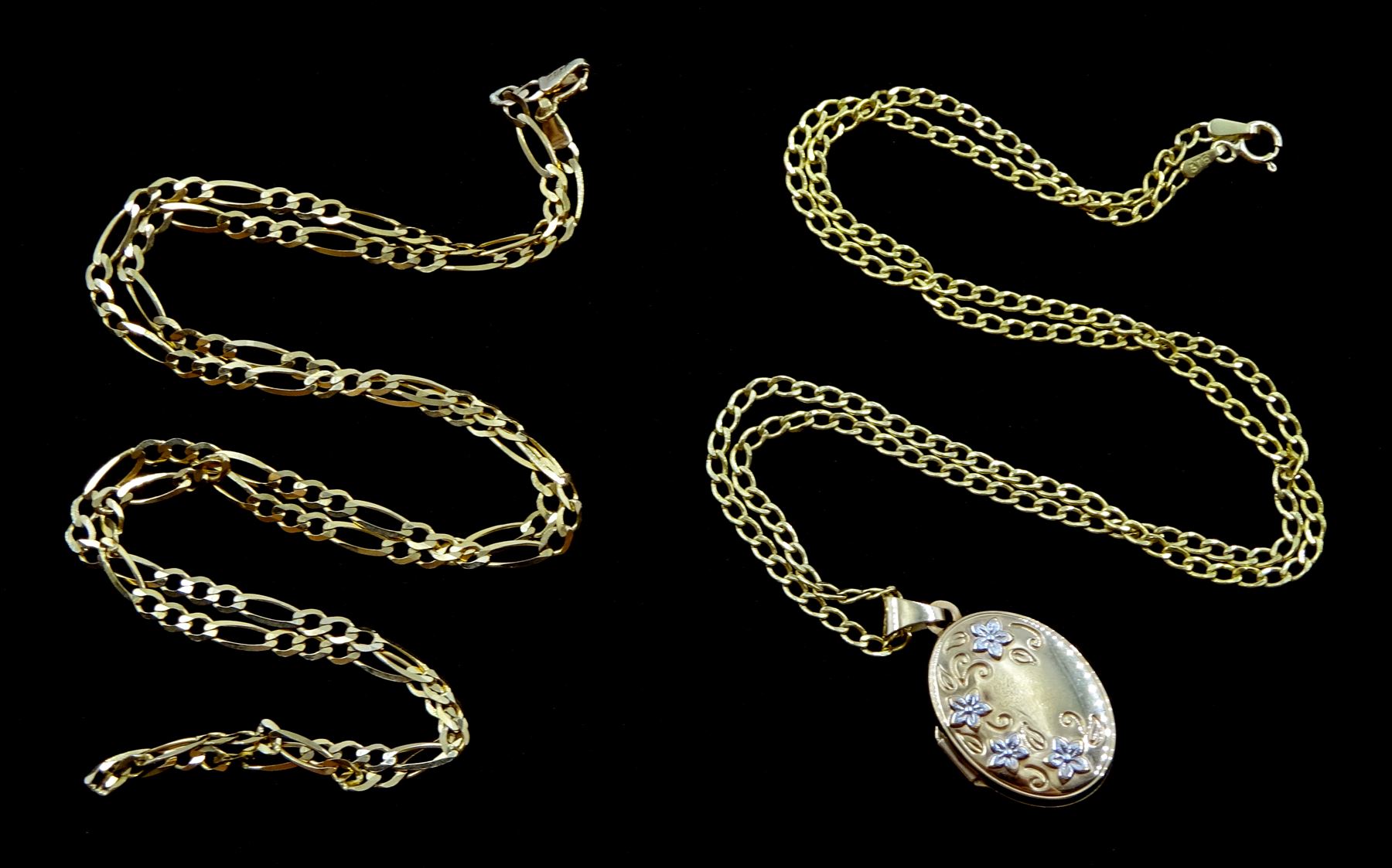 9ct gold oval locket pendant necklace with floral decoration and a 9ct gold Figaro link necklace - Image 2 of 3