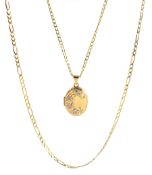 9ct gold oval locket pendant necklace with floral decoration and a 9ct gold Figaro link necklace