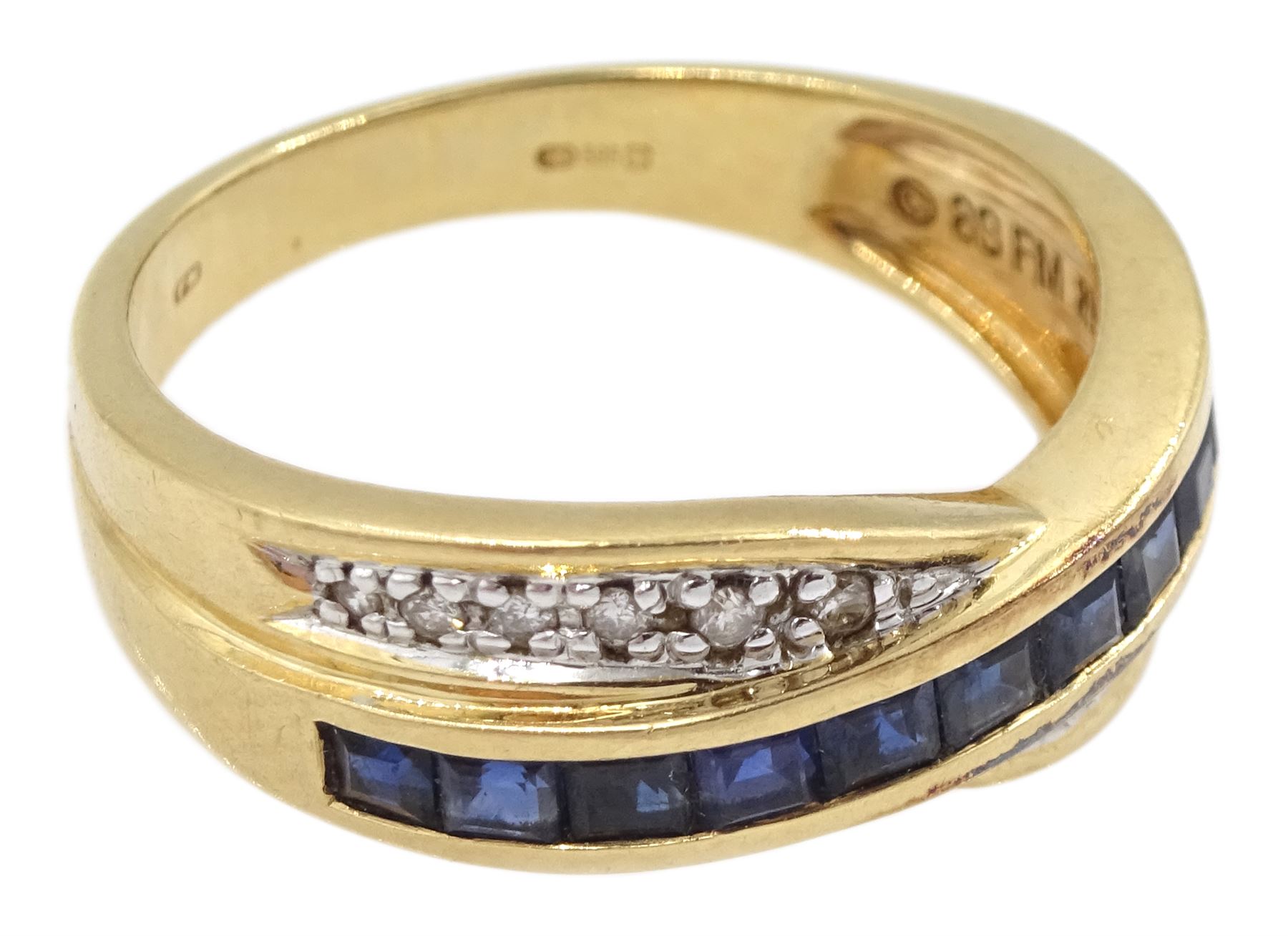 14ct gold princess cut sapphire and round brilliant cut diamond crossover ring - Image 3 of 4