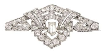 Art Deco platinum milgrain set old cut and vari-cut diamond openwork brooch