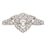 Art Deco platinum milgrain set old cut and vari-cut diamond openwork brooch