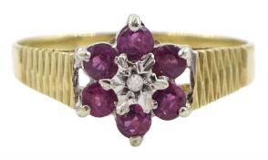 9ct gold ruby flower head cluster ring