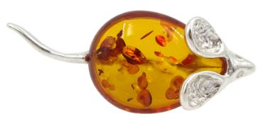 Silver Baltic amber mouse brooch