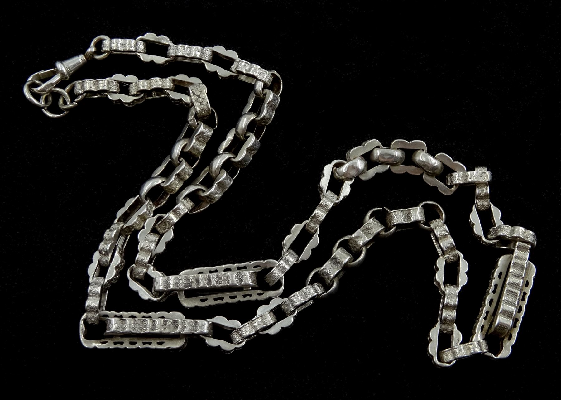 Victorian silver fancy link watch chain with engraved decoration and later spring loaded clip - Image 2 of 2