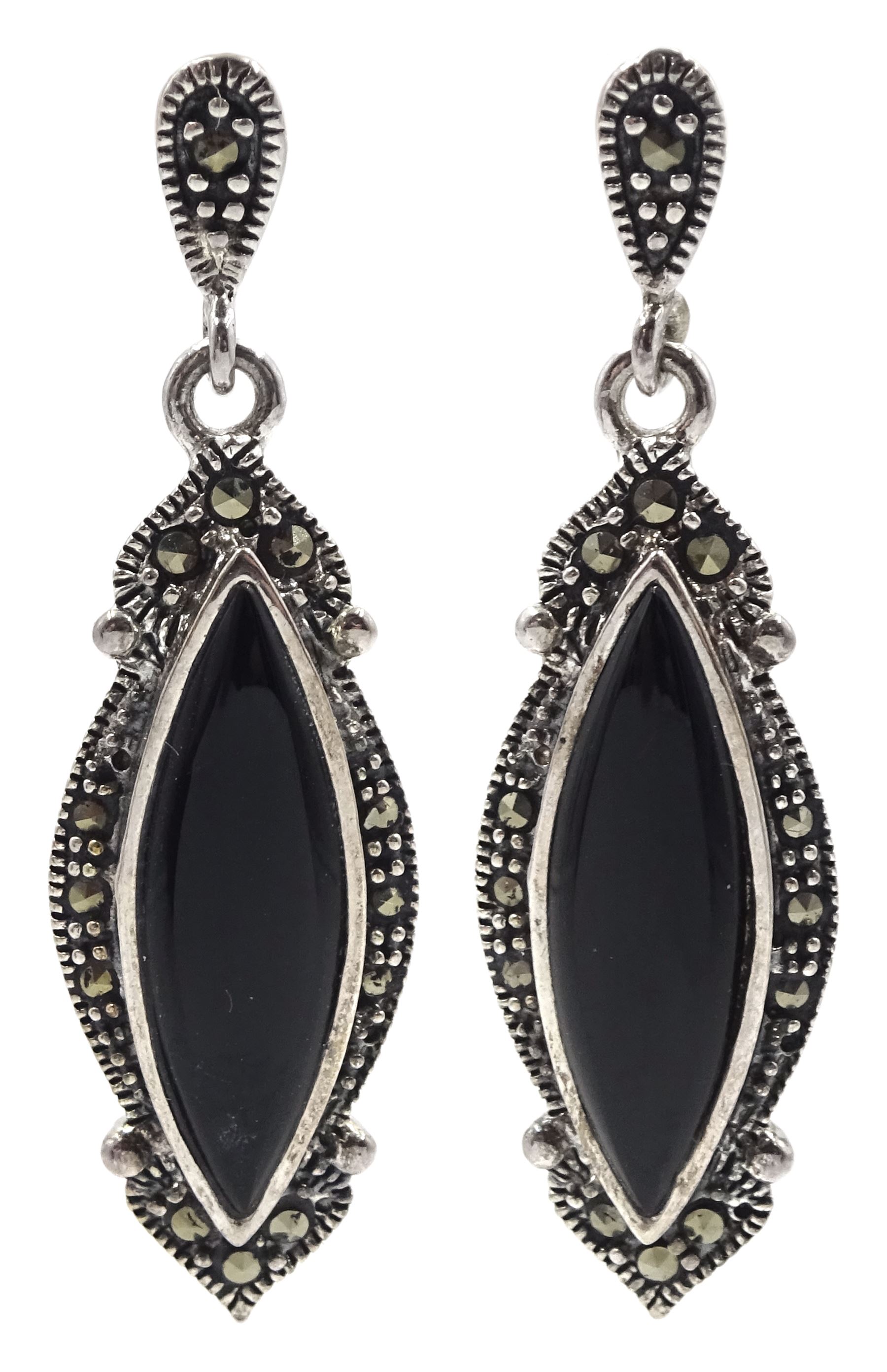 Pair of silver black onyx and marcasite pendant stud earrings