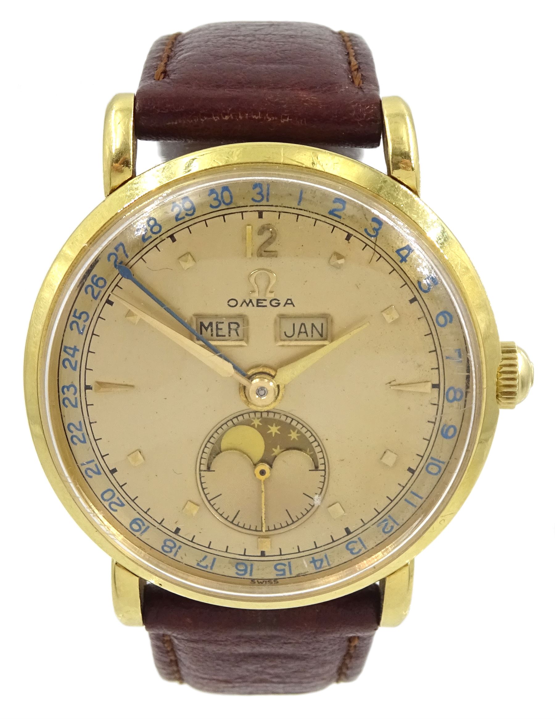 Omega Cosmic Moonphase triple calendar gentleman's 18ct gold manual wind wristwatch