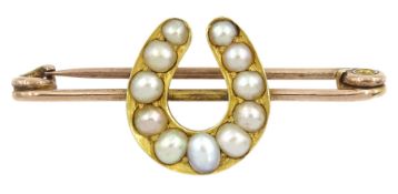 Early 20th century 15ct gold split pearl horseshoe brooch