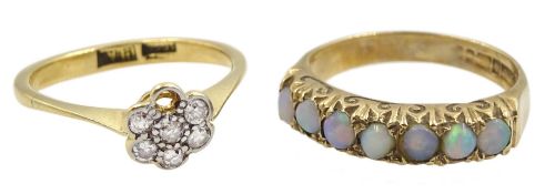 Early 20th century 18ct gold old cut diamond cluster ring and a 9ct gold seven stone opal ring