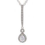 Silver pear shaped opal and cubic zirconia pendant necklace