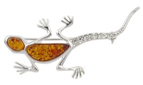 Silver Baltic amber and cubic zirconia lizard brooch