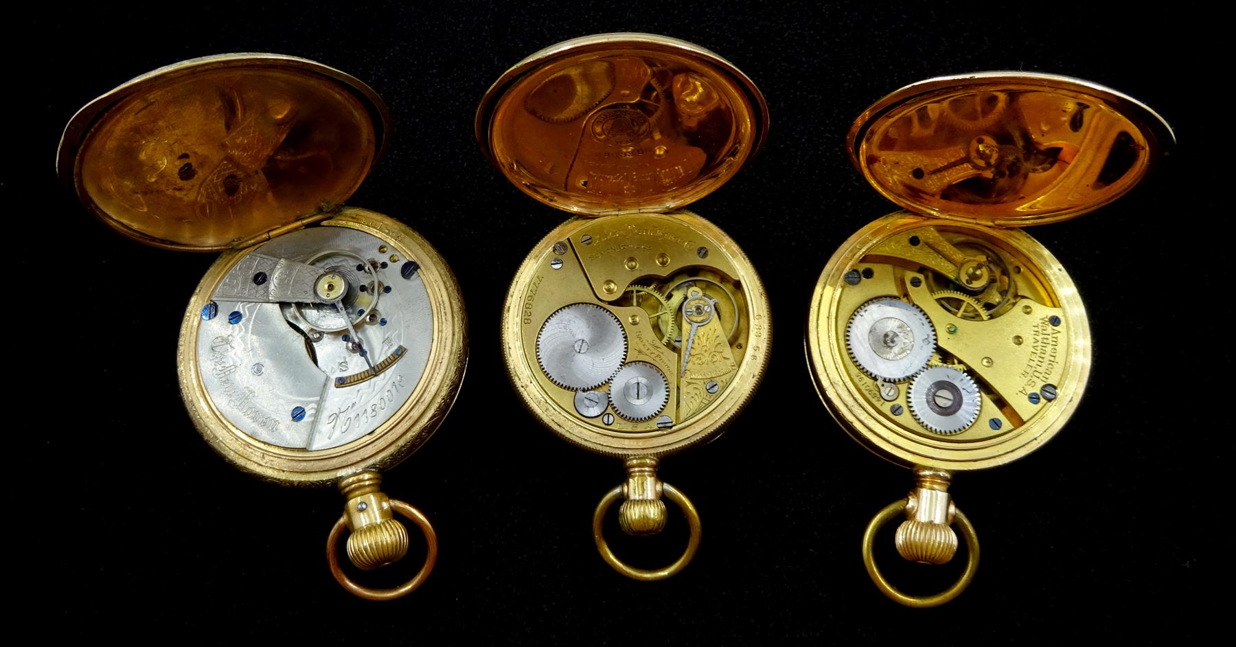 Three American gold-plated pockets including full hunter keyless Traveller pocket watch by Waltham - Image 3 of 3