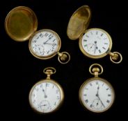 Two gold-plated full hunter lever pocket watches and two gold-plated open face pocket watches (4)