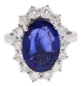 18ct white gold oval fine Ceylon sapphire and round brilliant cut diamond cluster ring