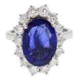 18ct white gold oval fine Ceylon sapphire and round brilliant cut diamond cluster ring