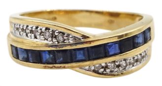 14ct gold princess cut sapphire and round brilliant cut diamond crossover ring