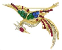 Boucher bird of paradise gilt paste stone set brooch