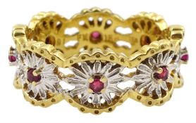 18ct white and yellow gold ruby open flower design eternity ring