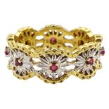 18ct white and yellow gold ruby open flower design eternity ring