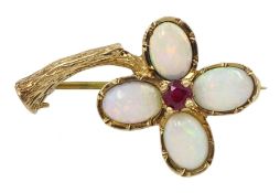 9ct gold four stone opal and single stone ruby flower brooch