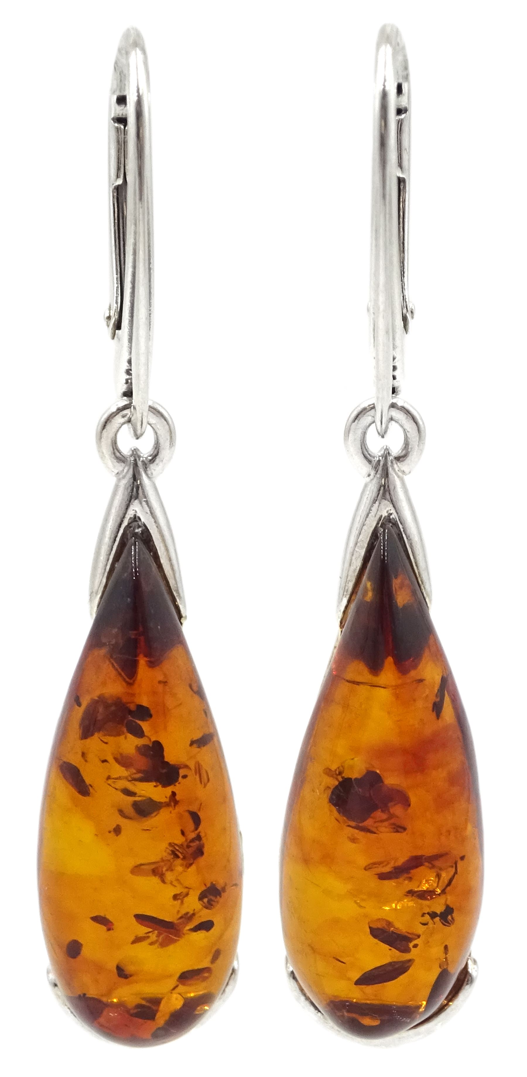 Pair of silver Baltic amber pendant earrings