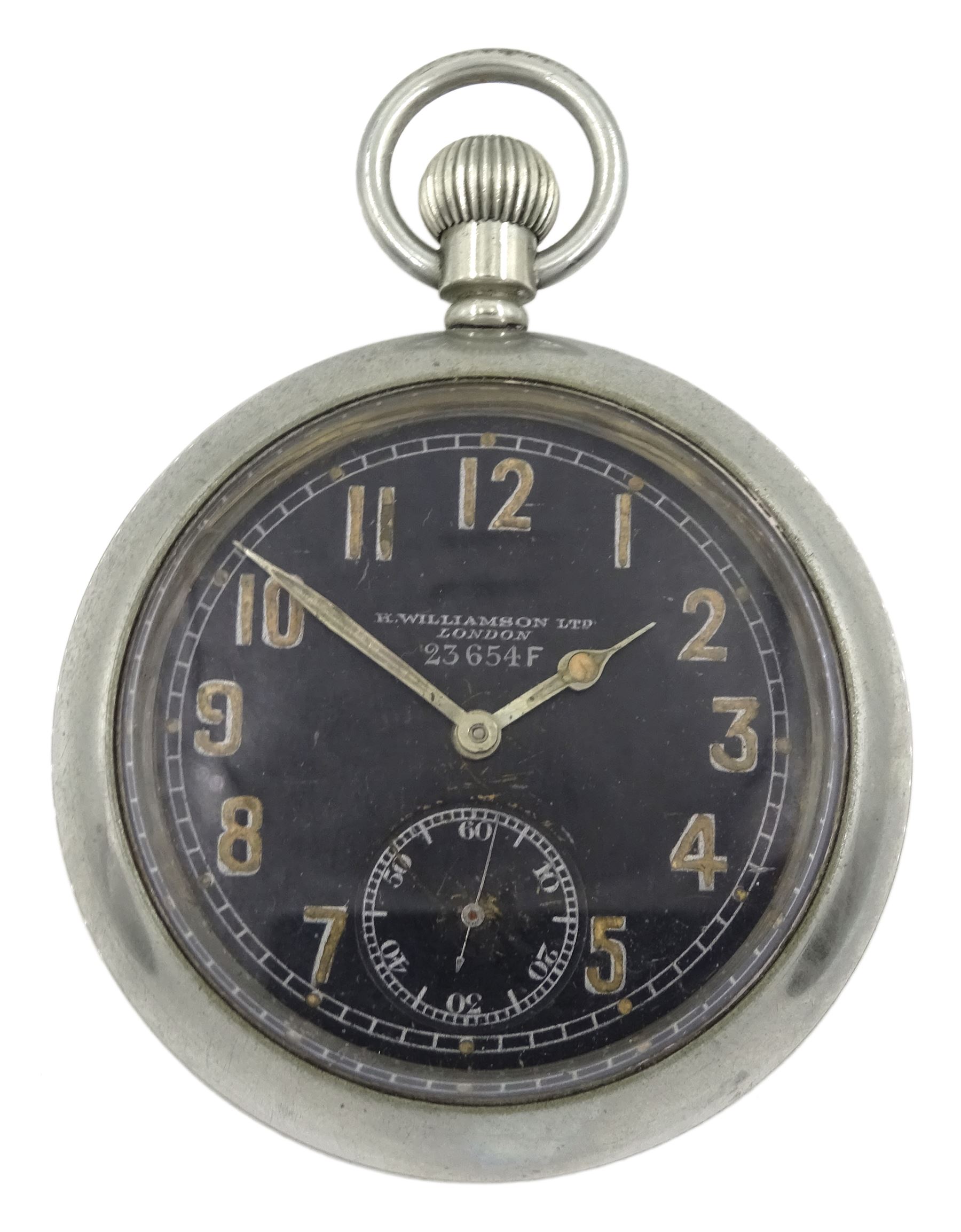 WWI British Military nickle open face keyless lever pocket watch by H. Williamson