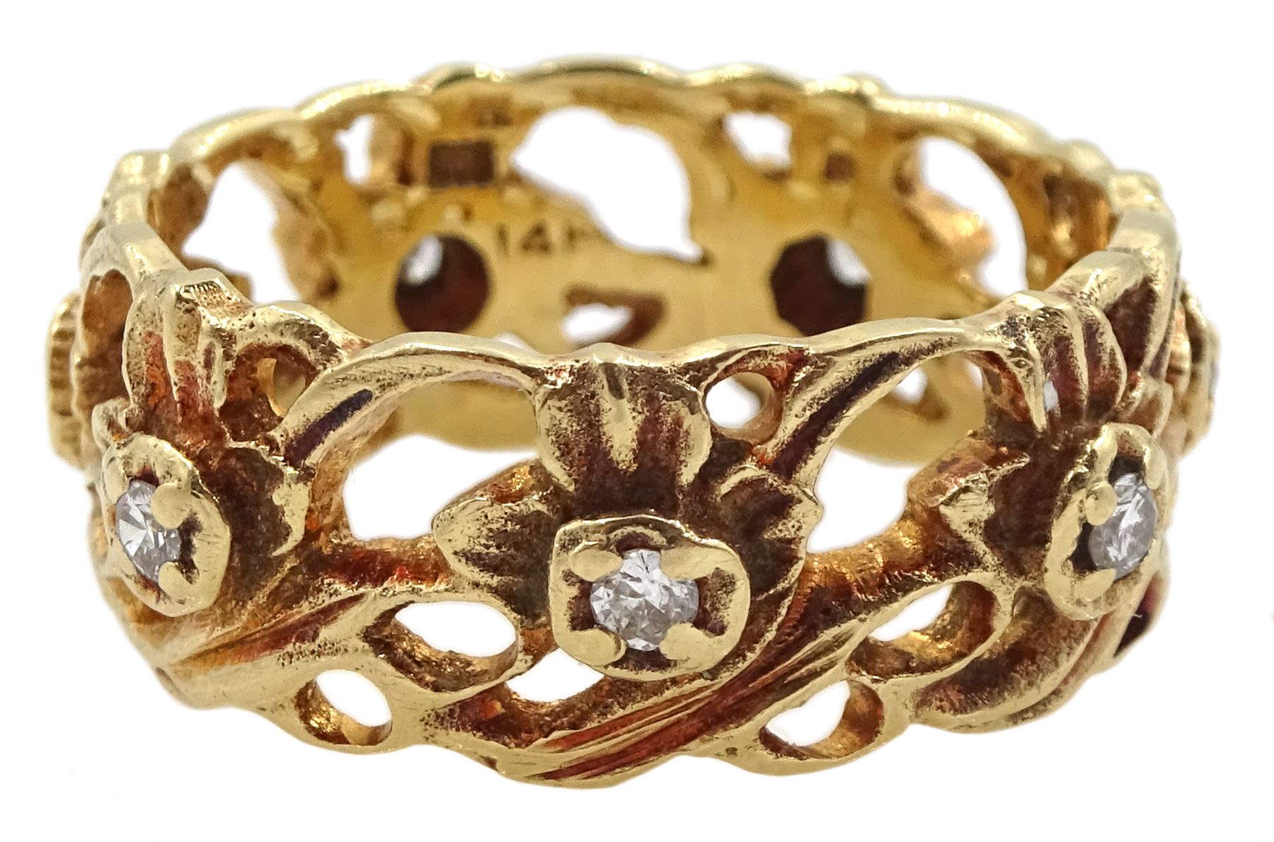 14ct gold diamond set open floral design eternity ring