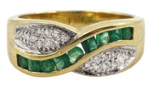 14ct gold channel set emerald and pave set diamond crossover ring