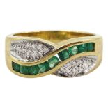 14ct gold channel set emerald and pave set diamond crossover ring
