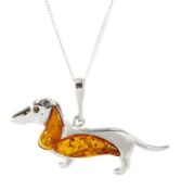 Silver Baltic amber Dachshund pendant necklace