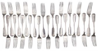 Set of twenty two William IV Scottish silver Fiddle pattern table forks