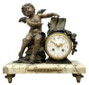 A French table clock c1900 on a white variegated rectangular marble base with four circular gilt fee