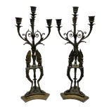 Pair of 20th century bronze effect four light candelabras