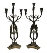 Pair of 20th century bronze effect four light candelabras