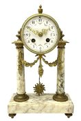 20th century French portico clock c1910 on a white veined marble base