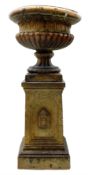 Victorian salt glazed terracotta garden urn on plinth