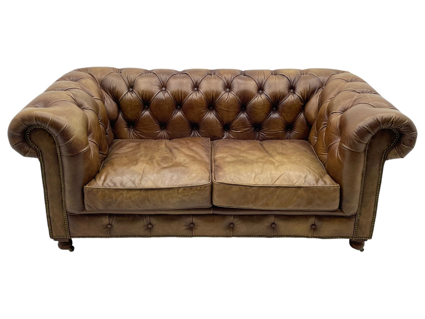 HALO - Chesterfield style two seat sofa upholstered in buttoned brown leather with stud work - Image 3 of 5