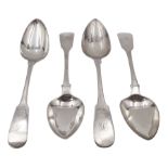 Four William IV Scottish silver Fiddle pattern table spoons