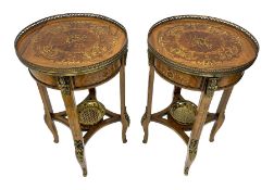 Pair late 20th century French style walnut circular hallway tables or plant stands