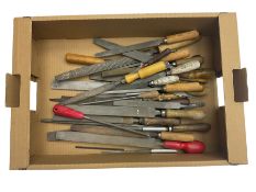 Box of assorted different sized and types of engineering files and two woodworking rasp files